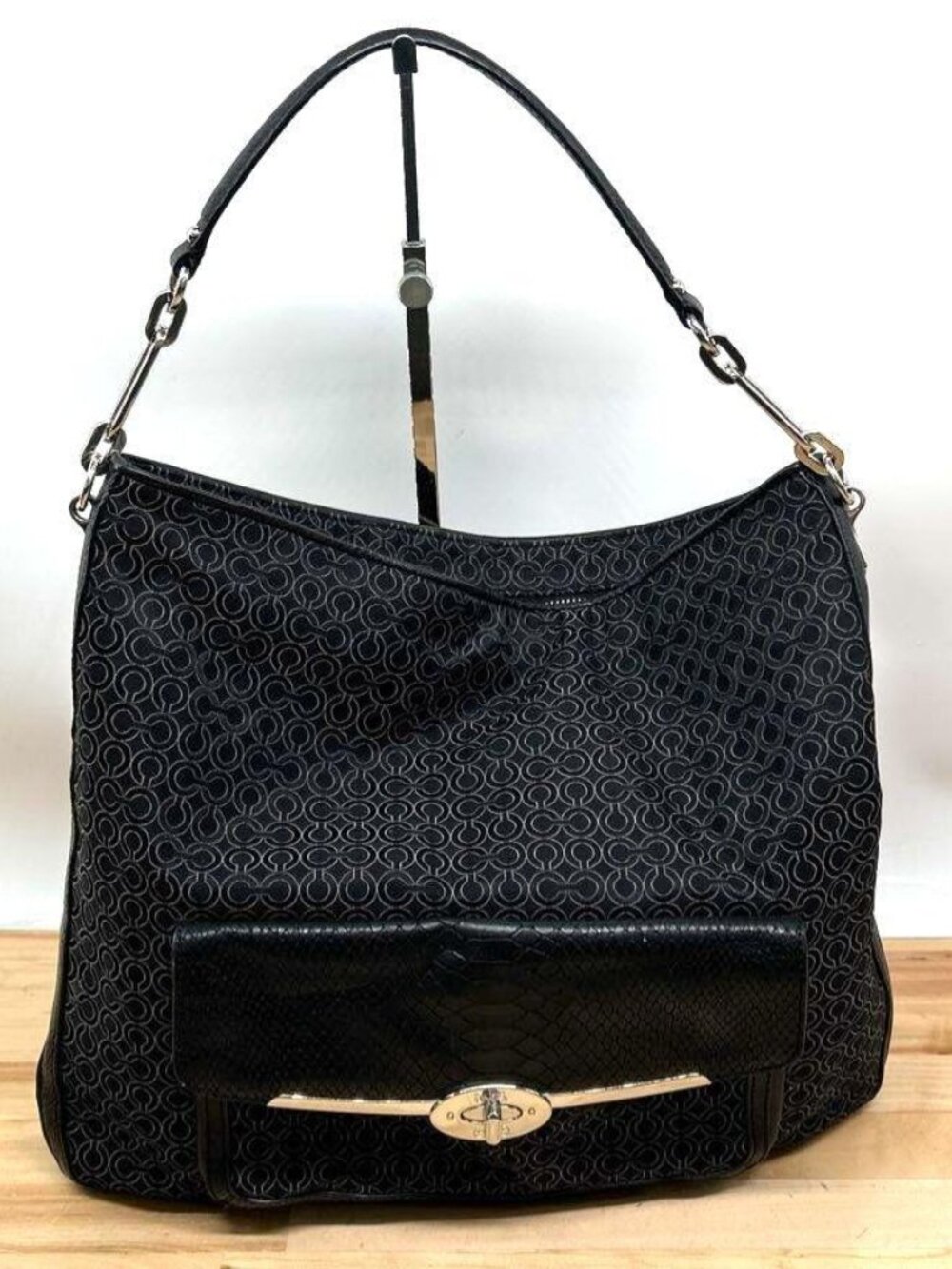 Coach Black Signature C Taylor Hobo Bag Python Embossed Leather Silver Hardware
